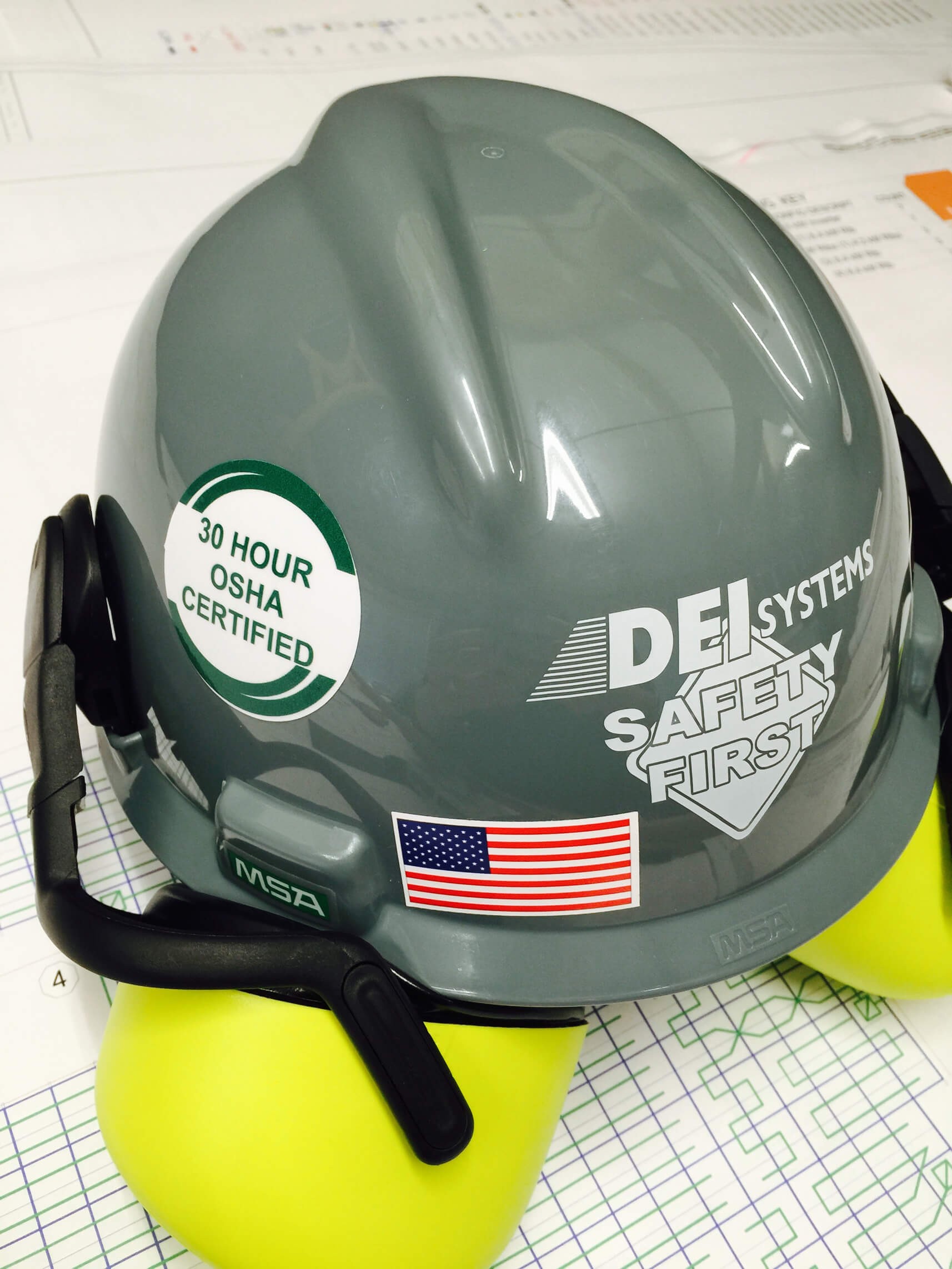 A hard hat sits on top of a piece of paper.