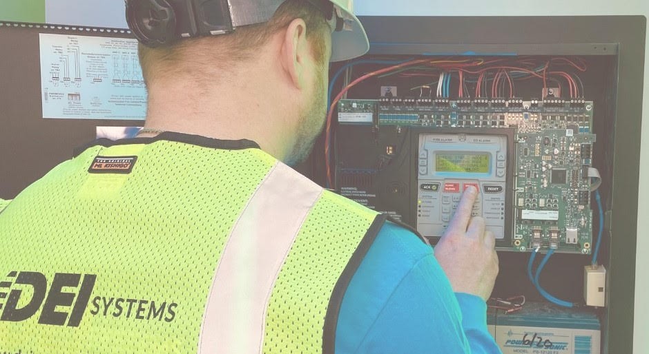 A man in a vest is working on a DEI Systems fire alarm.