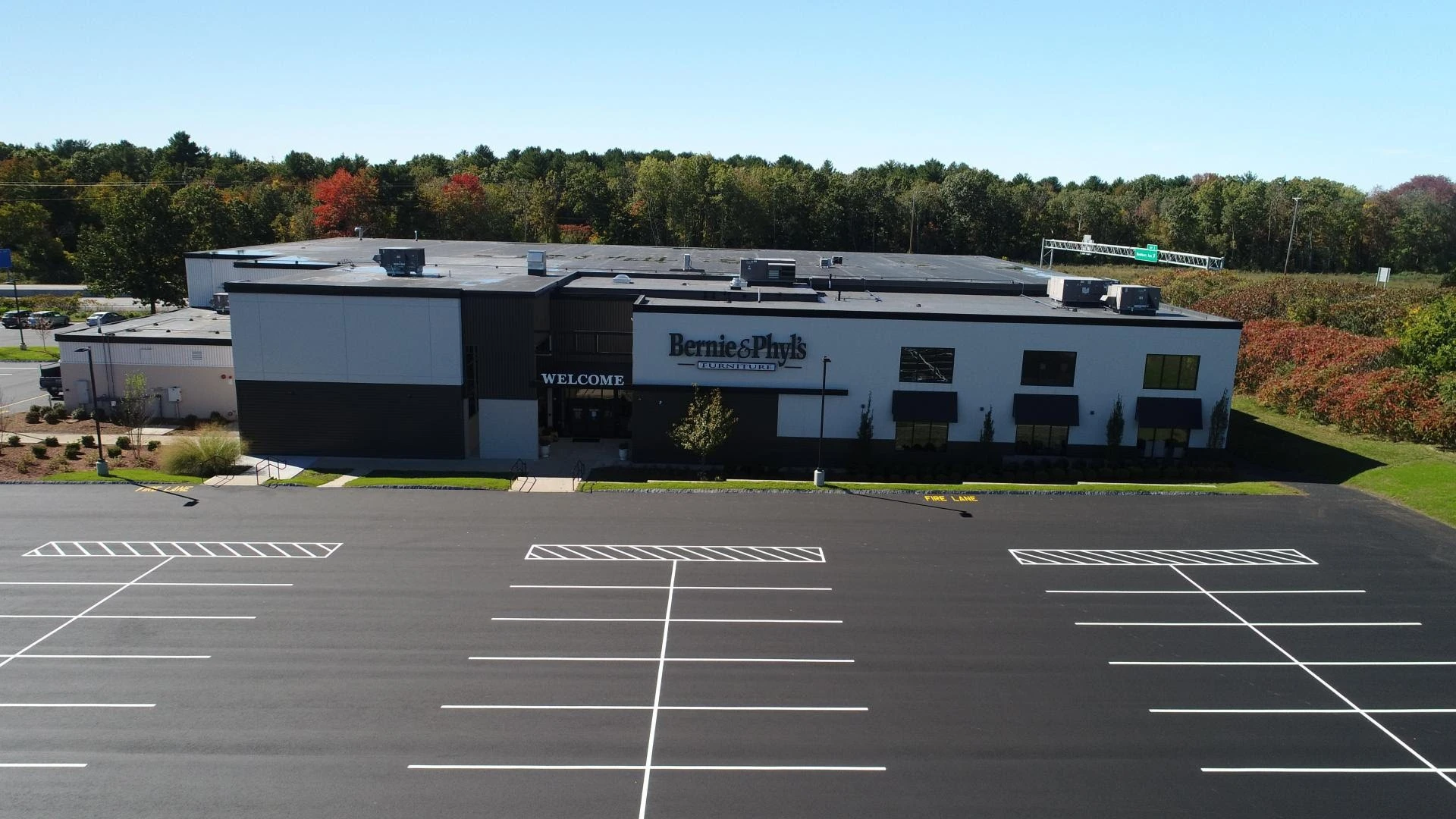 An aerial view of a parking lot.