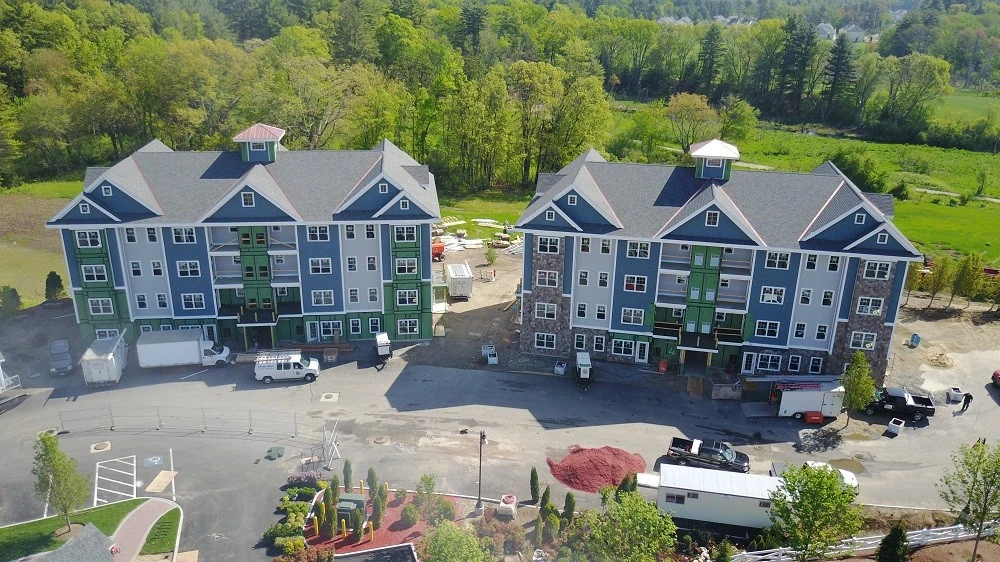 An aerial view of a large apartment complex.