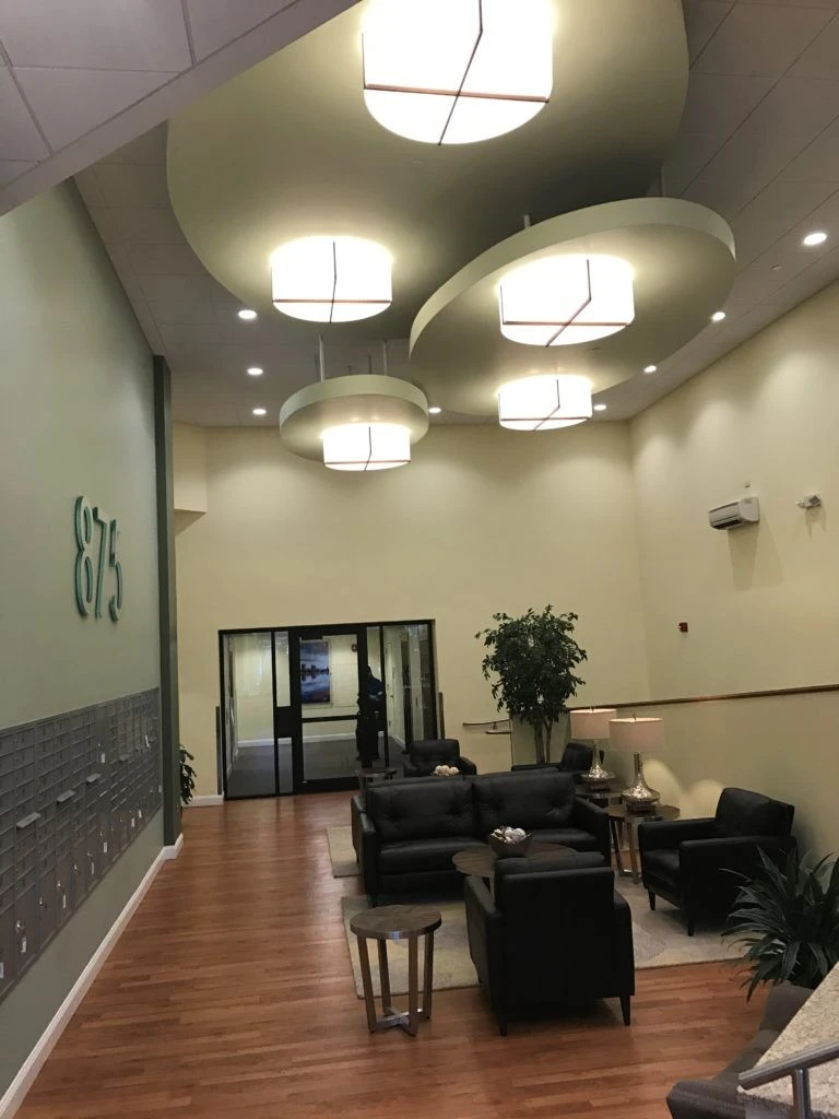 The lobby of a large office building.