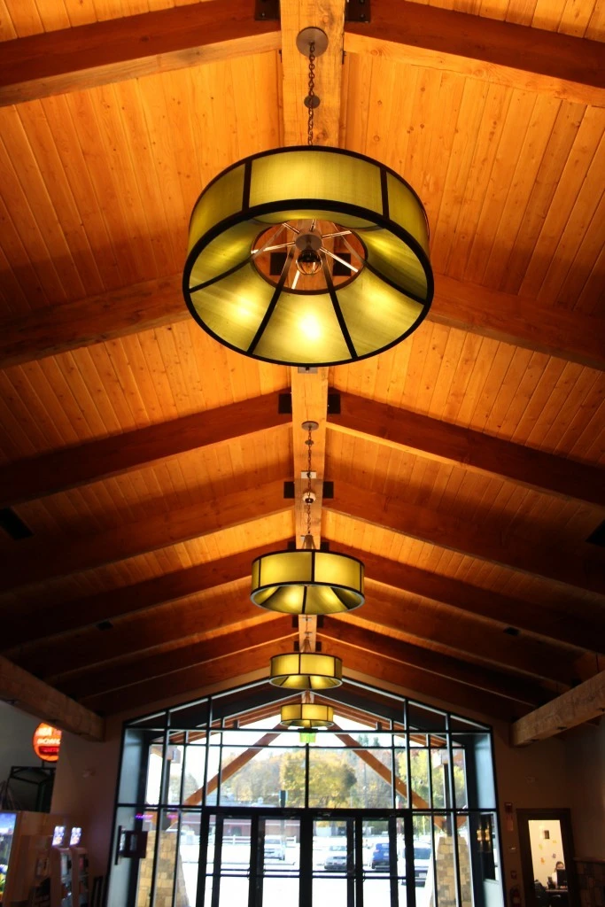 The ceiling is made of wood.