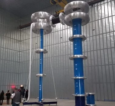 A group of blue and silver poles in a large room.