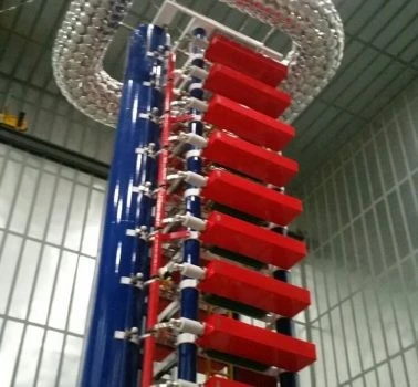 A blue and red tower with a lot of red and blue boxes on it.