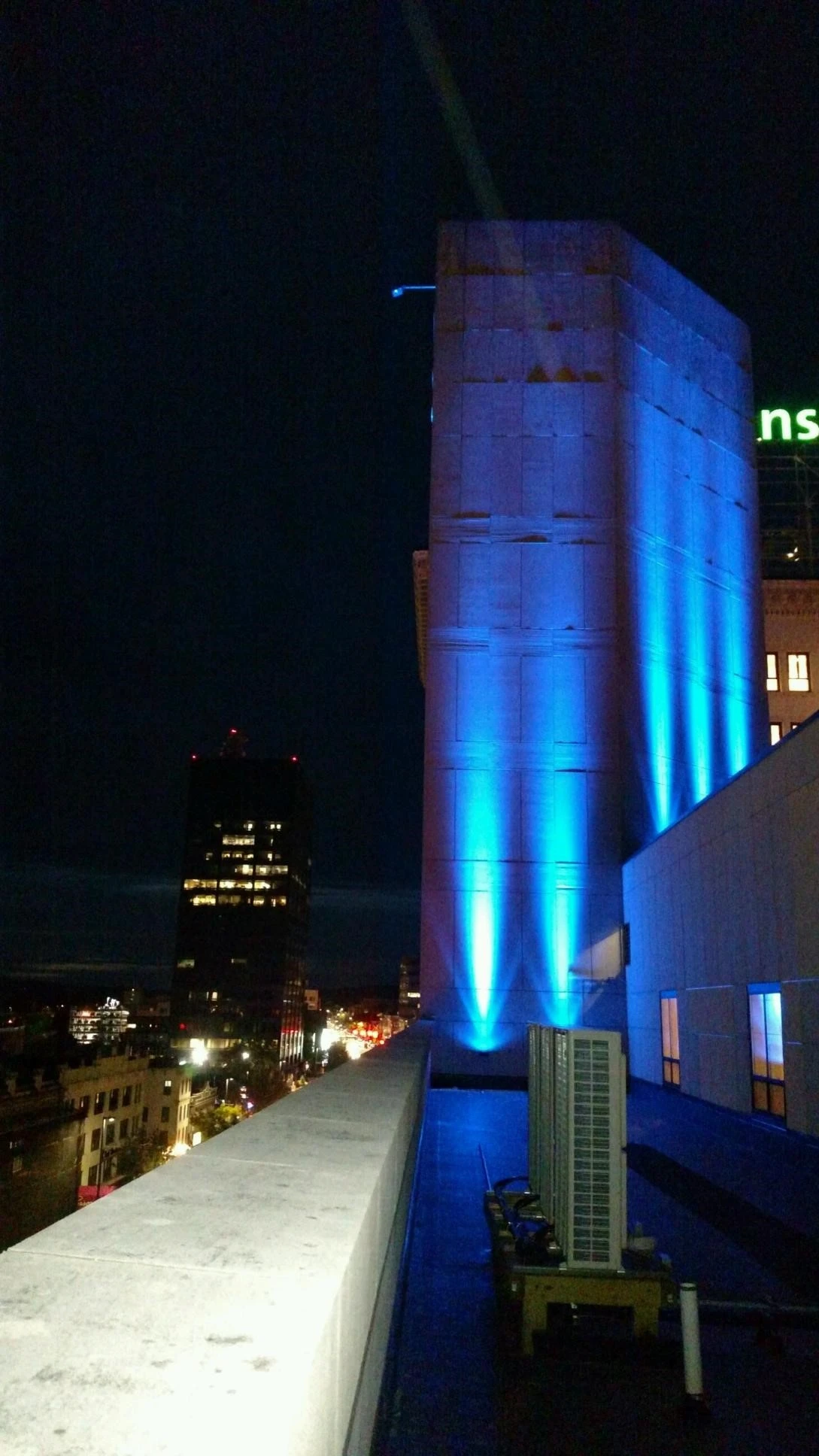A building with a blue light on it.