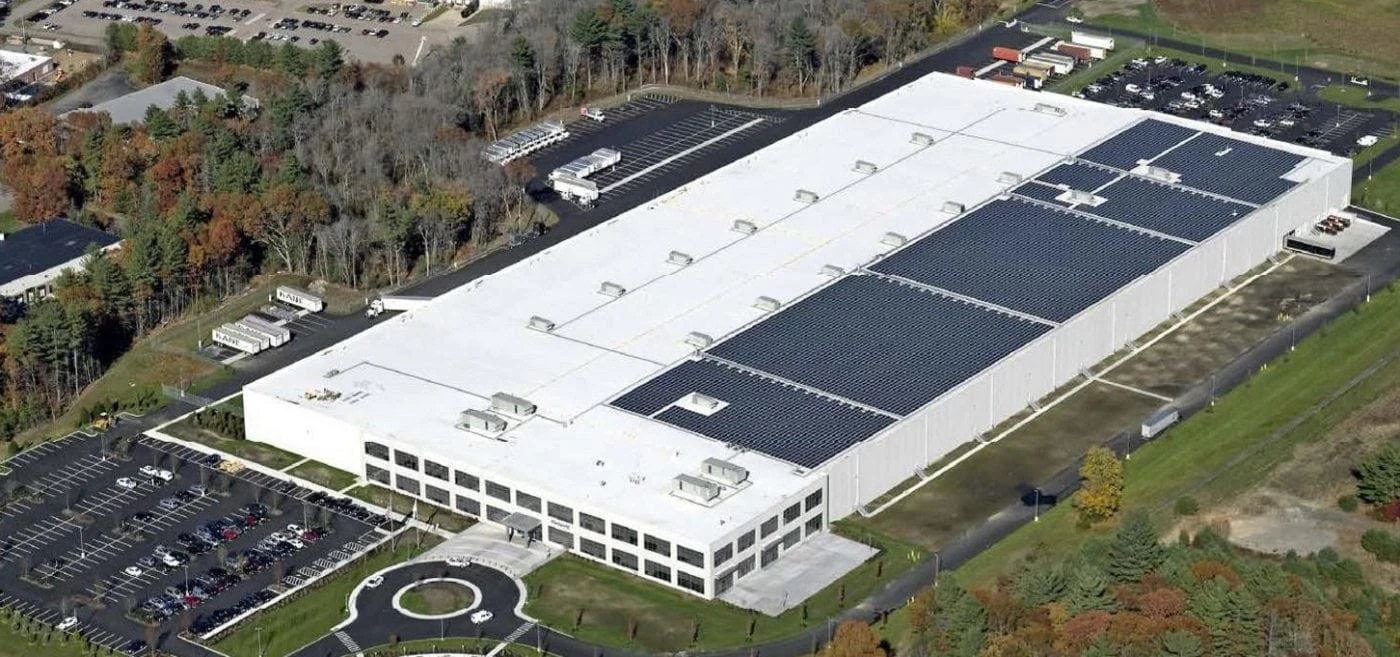 An aerial view of a large warehouse.