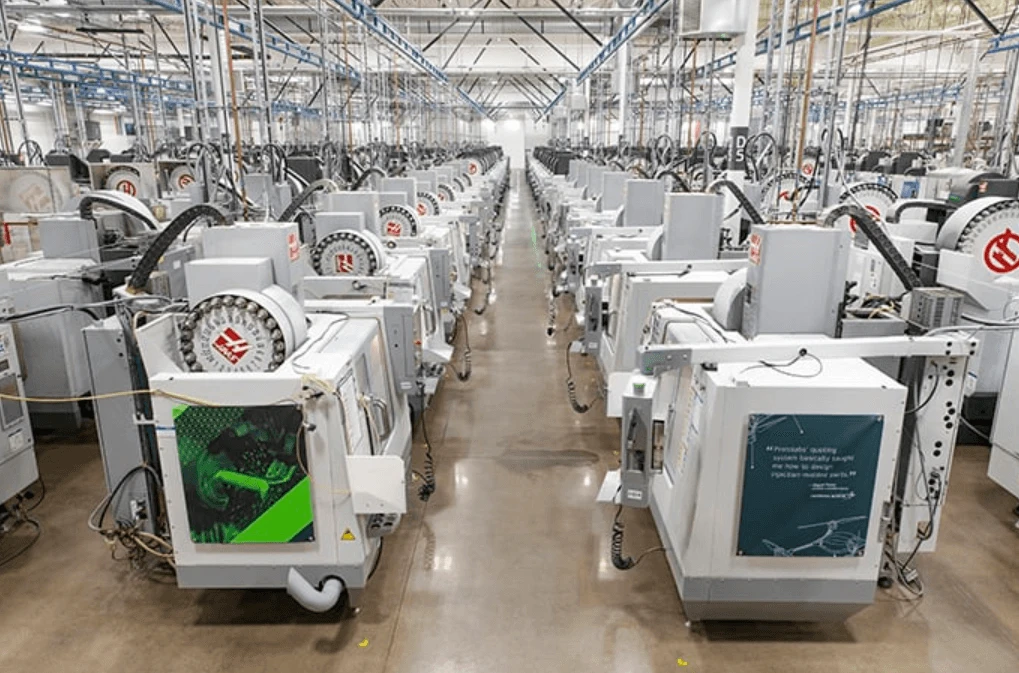 An assembly line of machines in a factory.