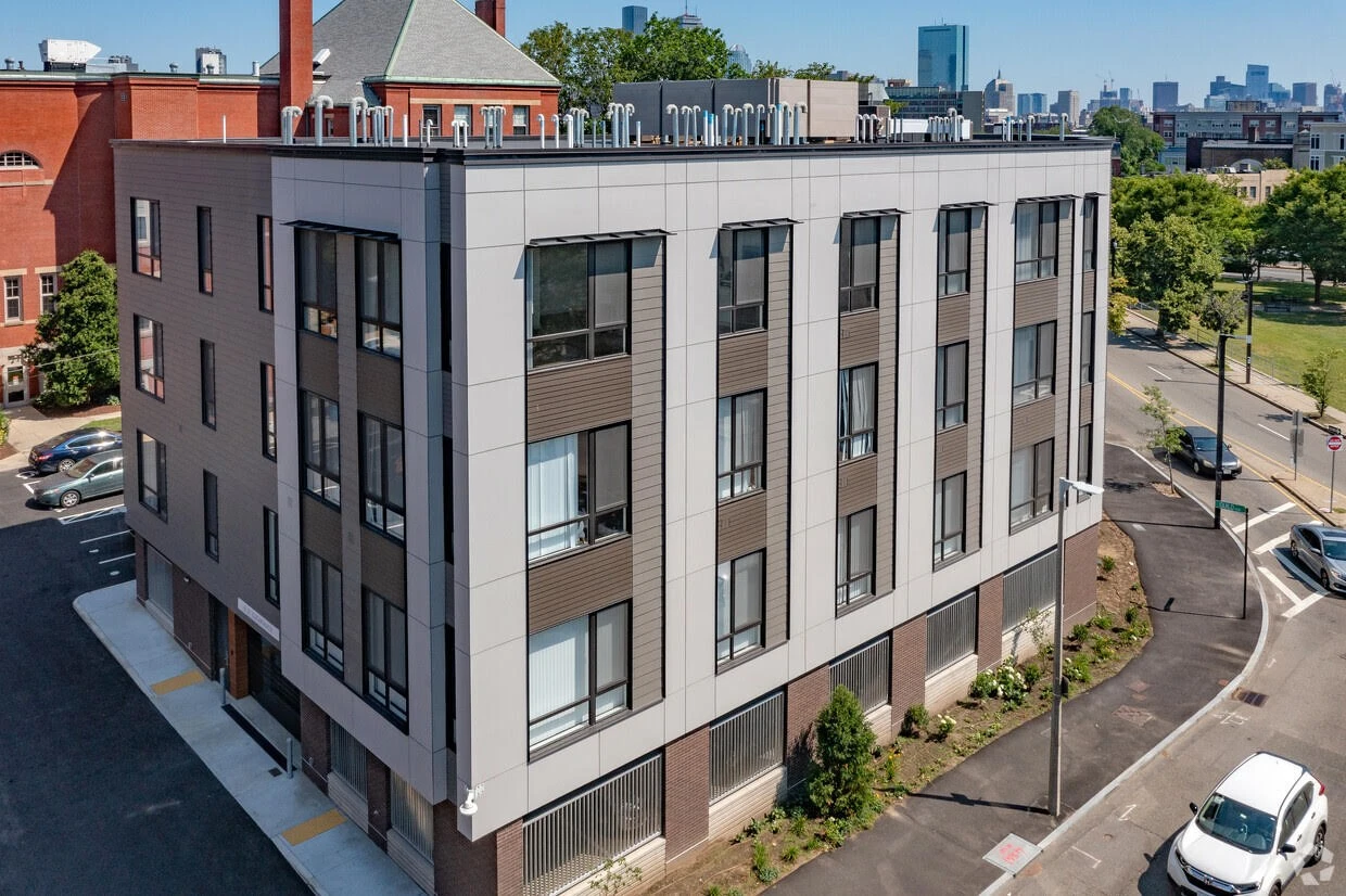 An aerial view of an apartment building in boston.