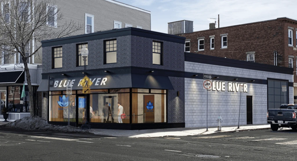 A rendering of a storefront on the corner of a street.