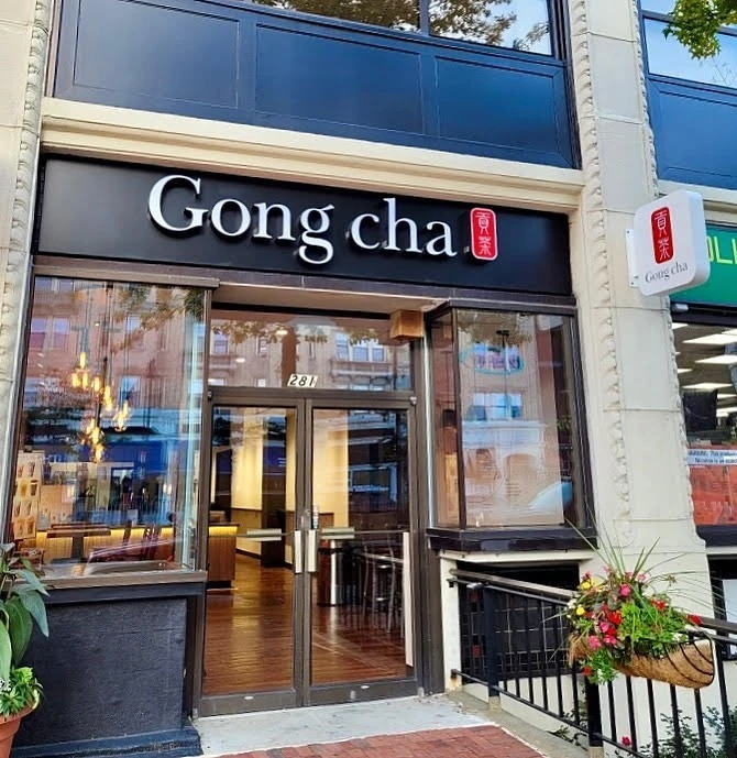 The entrance to a gong cha restaurant.