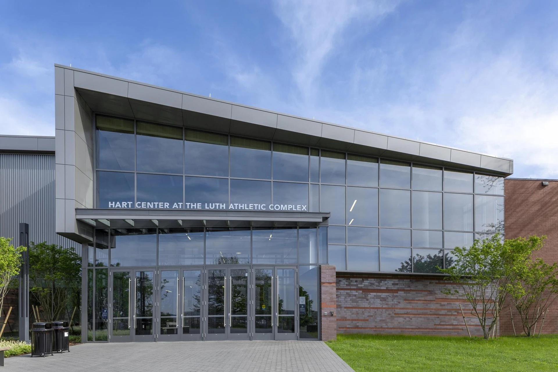 The entrance to a building with a glass door.