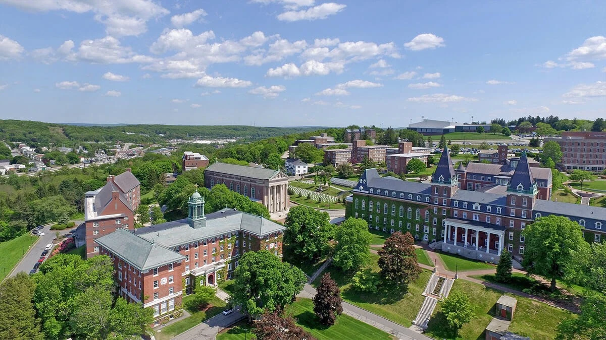 An aerial view of a college campus.