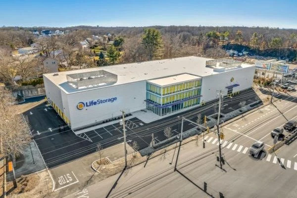 An aerial view of a self storage facility.