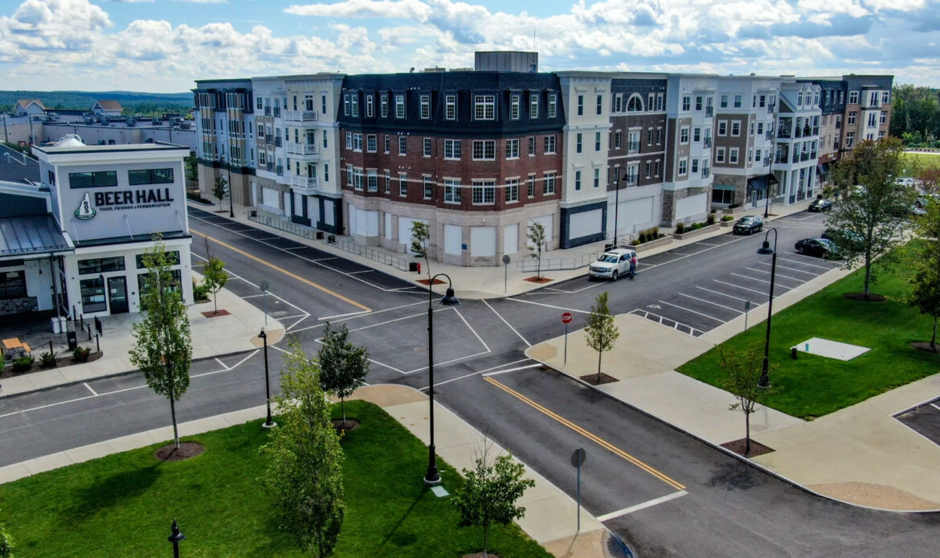 An aerial view of an apartment complex.
